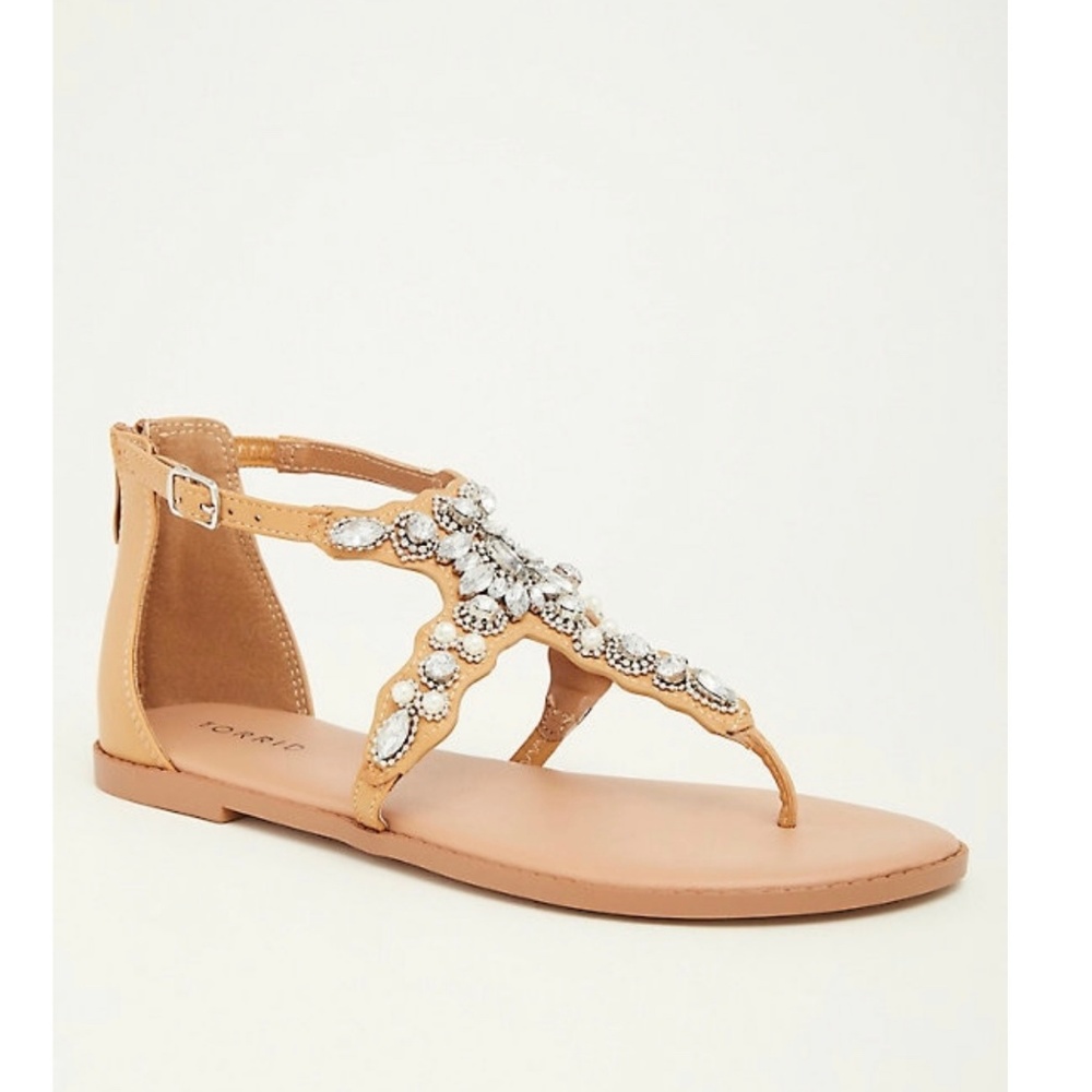 TORRID TAN FAUX LEATHER RHINESTONE SANDAL WIDE - Picture 1 of 7